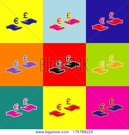Currency exchange from hand to hand. Euro and Puond. Vector. Pop-art style colorful icons set with 3 colors.