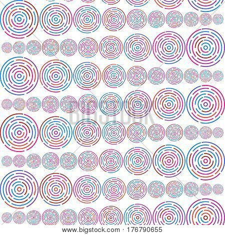 Seamless pattern with different size red and blue circles in geometric order forming horizontal lines on white background. Stock vector illustration for wallpaper backdrop textile fabric.