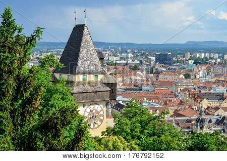 GRAZ, AUSTRIA - JUN 04: Clock tower (Uhrturm) on June 4, 2016. in Graz, Austria