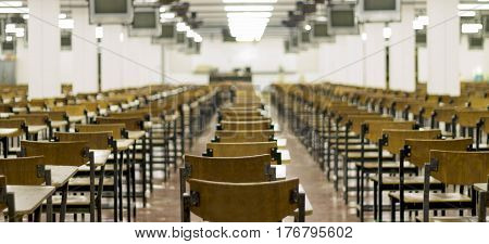 Chair in empty classroom, lecture chairs in school
