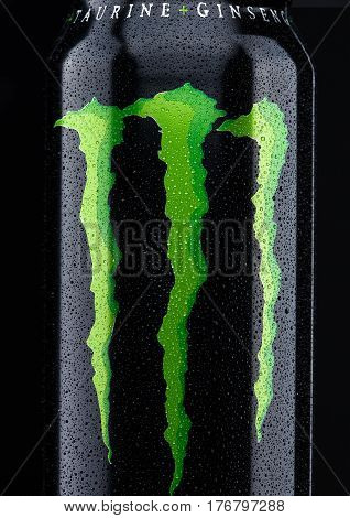 London, Uk - March 15, 2017:  A Can Of Monster Energy Drink On Black. Introduced In 2002 Monster Now