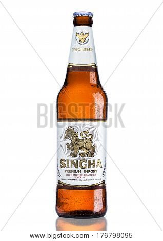 London, Uk - March 15, 2017: Bottle Of Singha Beer , Singha Beer Is Most Popular In Thailand , Rayon