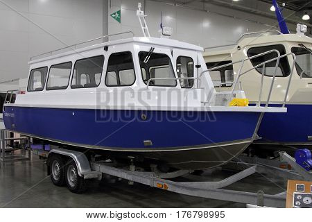 MOSCOW - MARCH 09 2017: Passenger Boat Samara 820 T for 10 International boat show in Moscow. Russia.