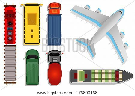 Top view transport vector illustration. Cargo moving by truck and plane, ship and train isolated on white background. Plane and boat with container