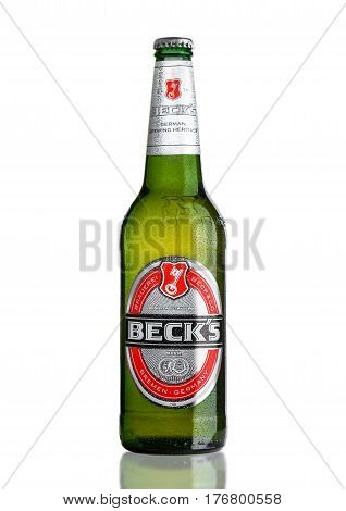 London, Uk - March 15, 2017: Bottle Of Becks Beer On White Background. Becks Brewery Was Founded In