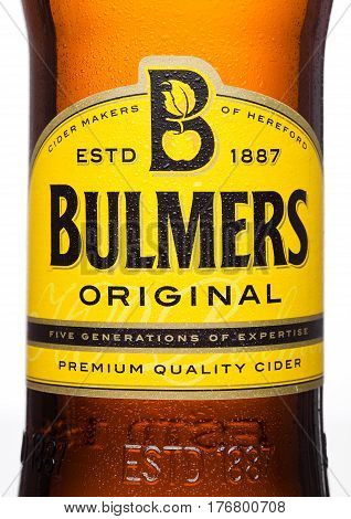 LONDON UK - MARCH 15 2017: Bottle close up logo Of Bulmers Original Cider on a white background with reflection. It is one of the leading British cider brands in the UK