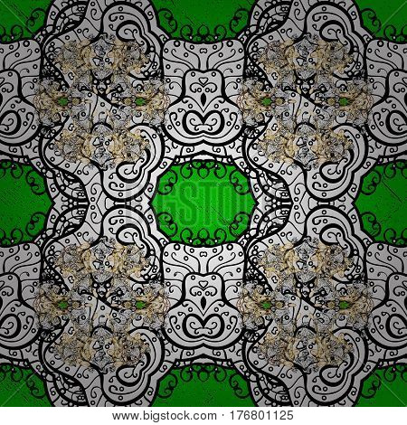 Pattern On Green Background With Golden Elements. Vector Illustration. Classic Vector Golden Pattern