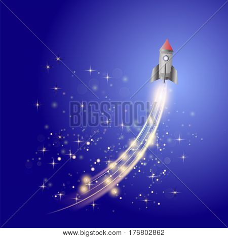 Space Rocket on Blue Sky Background . Launching Spacecraft.