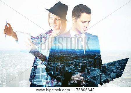 Young female artist and businessman with laptop on city background. Double exposure. Creative and analytical thinking concept