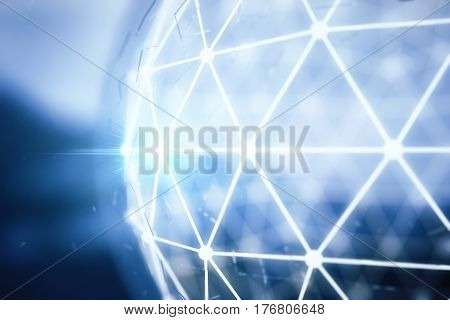 Close up of abstract polygonal sphere on blue background. 3D Rendering