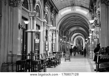 VIENNA AUSTRIA - FEBRUARY 11: Interior of Ferstel Passage in Vienna on February 11 2017.