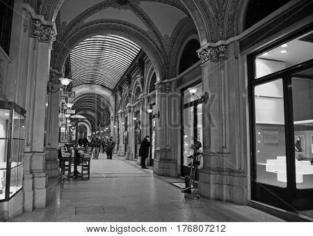 VIENNA AUSTRIA - FEBRUARY 11: Interior of Ferstel Passage in Vienna on February 11 2017.