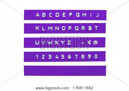 embossed alphabet on violet plastic tape, isolated on white