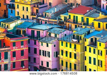 Vernazza village buildings aerial view. Seascape in Five lands Cinque Terre National Park Liguria Italy Europe.