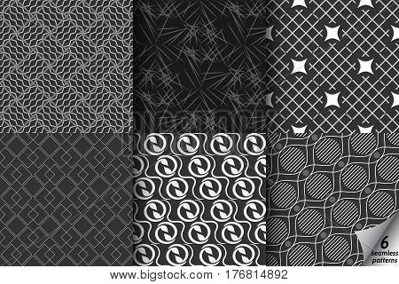 Black-and-white collection of six geometric patterns. Monochrome vector set. Modern stylish texture. Repeating geometric tiles with different geometric shapes.