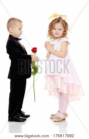 Little boy in black suit with bow tie gives a big red rose charming little girl.Isolated on white background.