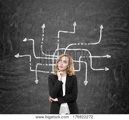 Portrait of a beautiful red haired woman standing near a blackboard with tangled arrows on it