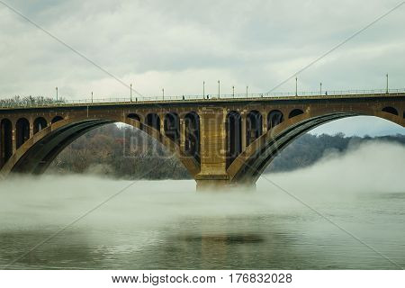 Washington DC Key Bridge and reflection over Potomac River USA