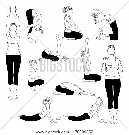 Collection of vector silhouettes of young slim woman doing yoga stretching for spine. Positions for spine to make it flexible and strong.