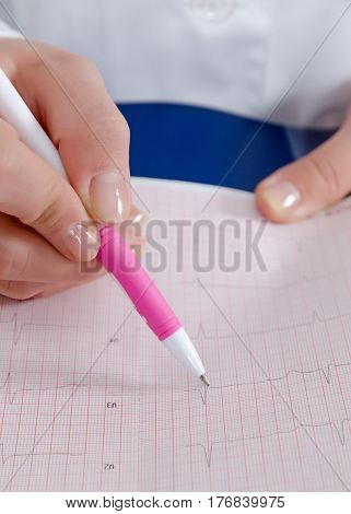 Electrocardiogram in the hands of doctor .