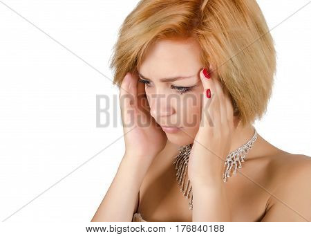 Girl in a white evening dress and necklace. Bare shoulders. Butch. Isolated on white background