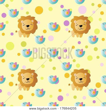seamless pattern with cartoon cute toy baby lion bird and Circles on a light yellow background