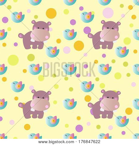 seamless pattern with cartoon cute toy baby behemoth bird and Circles on a light yellow background