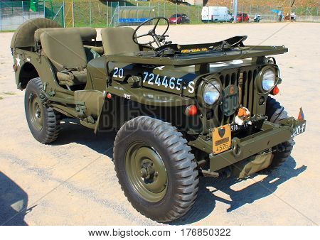 Acquasanta Italy - August 26 -2015: 6th Summer Gathering - A perfectly restored American jeep was present at this meeting which is held every year in the village of Acquasanta.