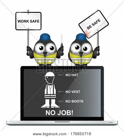 Construction workers with health and safety work safe be safe message perched on a laptop with wear personal protection equipment on screen