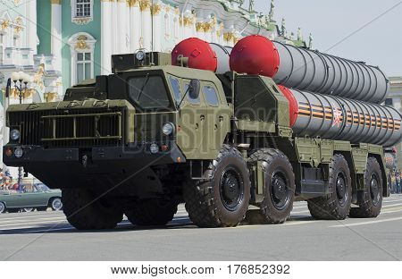 SAINT PETERSBURG, RUSSIA - MAY 05, 2015: Launcher s-300PM at the rehearsal of parade in honor of Victory Day in St. Petersburg