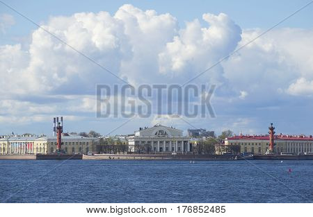 Arrow of Vasilyevsky Island on a cloudy May day. St. Petersburg