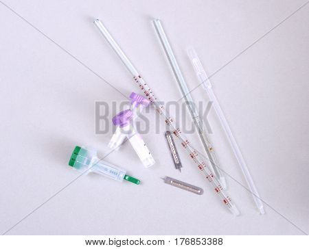 set of laboratory supplies. Petri dish, Spectrophotometer quvettes, blood test, test-tube