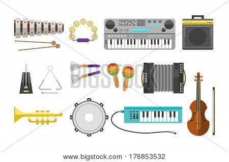 Different music instruments vector musical guitar violin and sound classical concert trumpet collection entertainment composition illustration. String and wind electric signs.