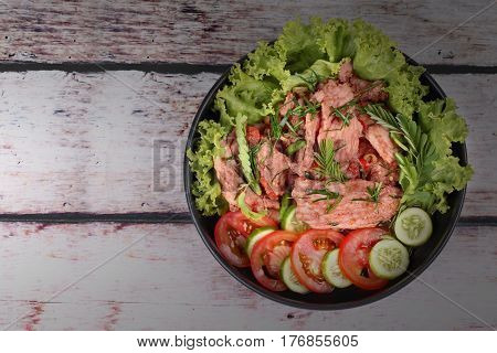 Spicy Fried Pork With Herb In Shrimp Paste Dip .