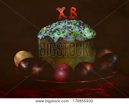 Easter cake and eggs on dark background morning after easter