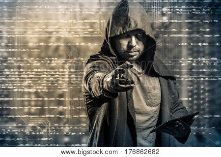 Internet Crime Concept. Dangerous Hacker, In Hoodie Shirt And Dark Digital Background Around, Steali