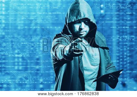 Internet Crime Concept. Dangerous Hacker, In Hoodie Shirt And Dark Digital Background Around, Steali