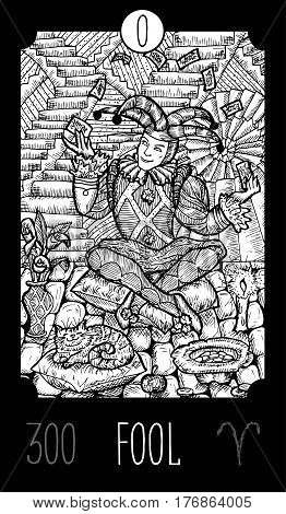 Fool. 0 Major Arcana Tarot Card. Fantasy engraved line art illustration. Engraved vector drawing. See all collection in my portfolio set