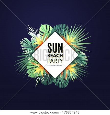 Dark floral banner template for summer beach party. Tropical flyer with green exotic plants and red flowers, vector illustration.