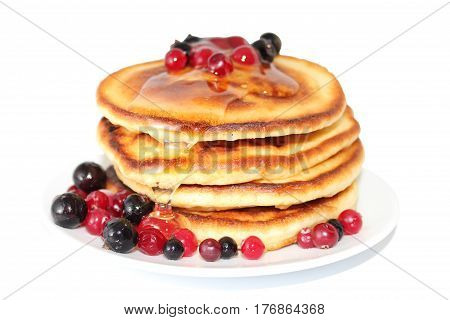 A pancake is a flat cake often thin and round prepared from a starch-based batter that may also contain eggs milk and butter and cooked on a hot surface such as a griddle or frying pan often with oil or butter. They may be served at any time with a variet
