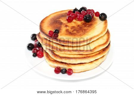 A pancake is a flat cake often thin and round prepared from a starch-based batter that may also contain eggs milk and butter and cooked on a hot surface such as a griddle or frying pan often with oil or butter. They may be served at any time with a variet