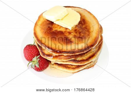 A pancake is a flat cake often thin and round prepared from a starch-based batter that may also contain eggs milk and butter and cooked on a hot surface such as a griddle or frying pan often with oil or butter. They may be served at any time with a variet