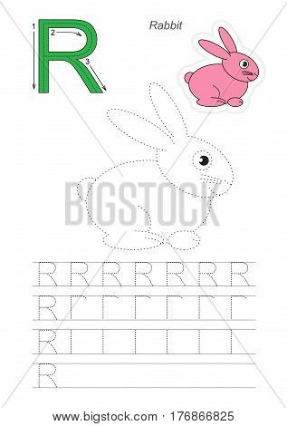 Vector illustrated worksheet to preschool children learn handwriting. Page to be traced for gaming and education with easy educational kid game level. Complete eng alphabet. Tracing worksheet for letter R. Rubbit.