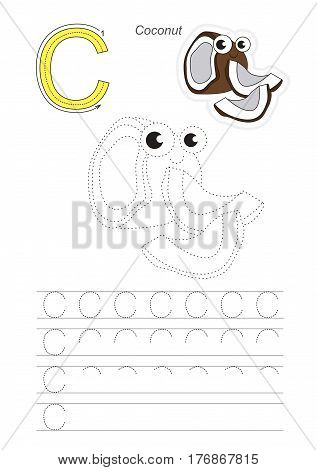 Vector illustrated worksheet to preschool children learn handwriting. Page to be traced for gaming and education with easy educational kid game level. Tracing worksheet for letter C. Coconut.
