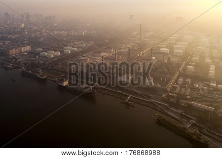 Morning Sunrise over petro chemical and oil refinery plant Bangkok Thailand