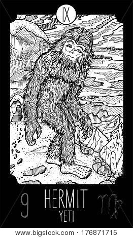 Hermit. 9 Major Arcana Tarot Card. Yeti. Fantasy engraved line art illustration. Engraved vector drawing. See all collection in my portfolio set