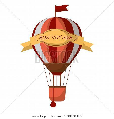 Striped air balloon with sign Bon Voyage isolated on white background. Old way to travel by air vector illustration. Vintage transport for short distance journey. Exciting experience of unusual trip.