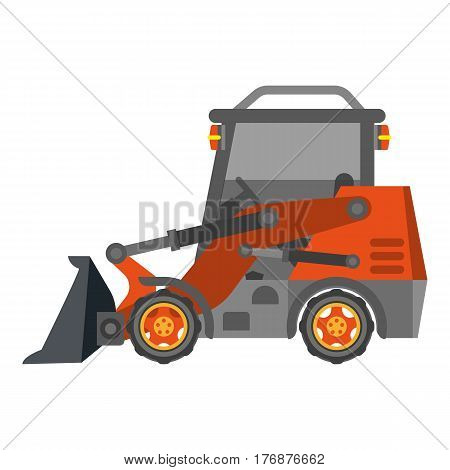 Bulldozer with heap in flat design isolated on white. Orange power tractor machine for earthwork and building. Vector illustration in cartoon style for infographics, websites, mobile app.
