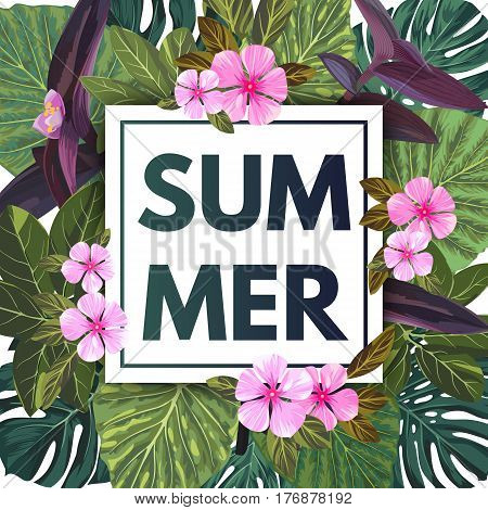 Summer tropical background with exotic palm leaves and pink flowers. Jungle floral template, vector illustration.