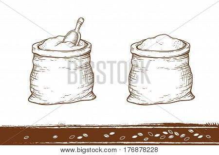 hand drawn isolated brown sacks with wheat flour